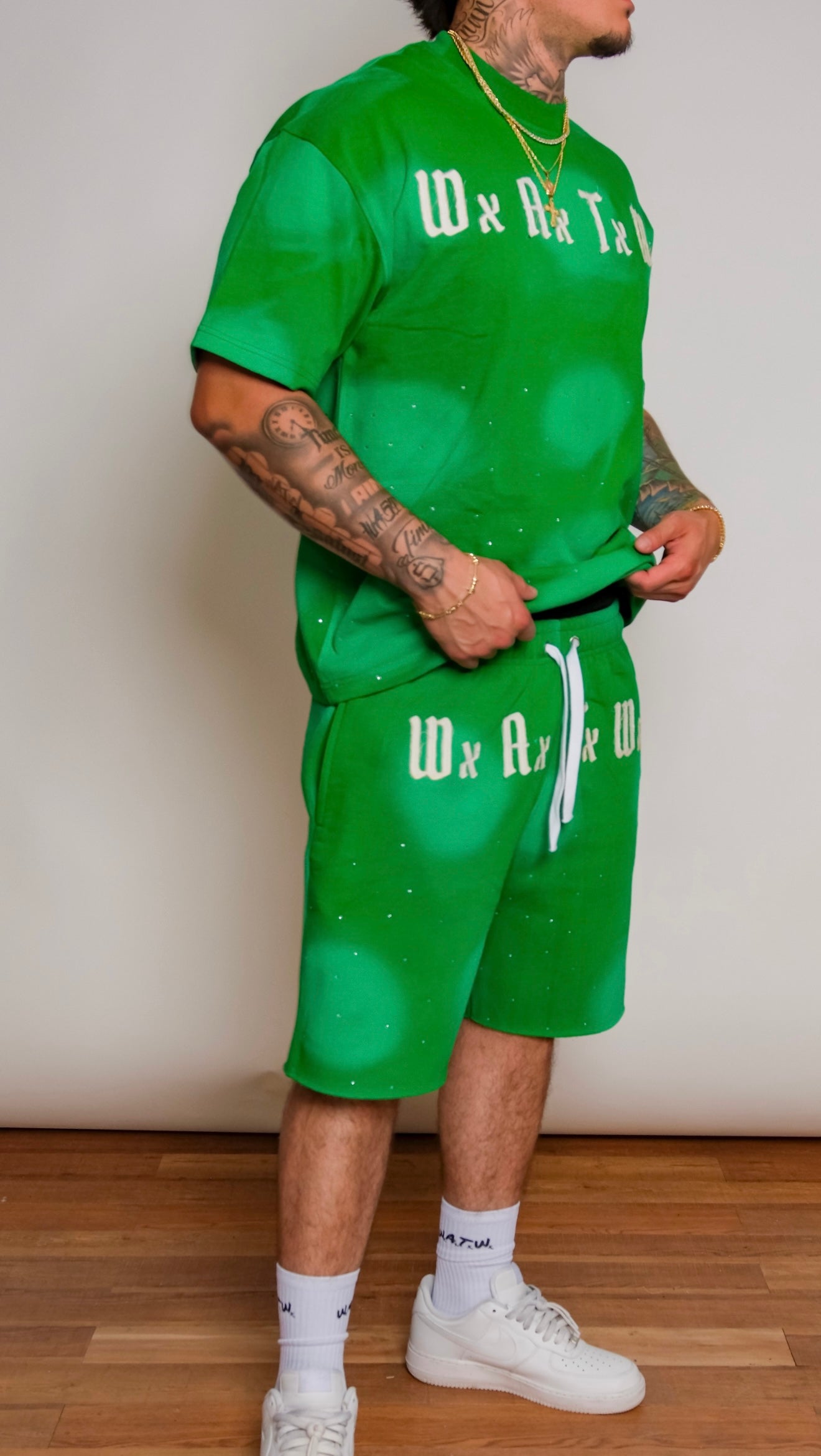 Men’s WxAxTxWx rhinestone Shorts (Green)
