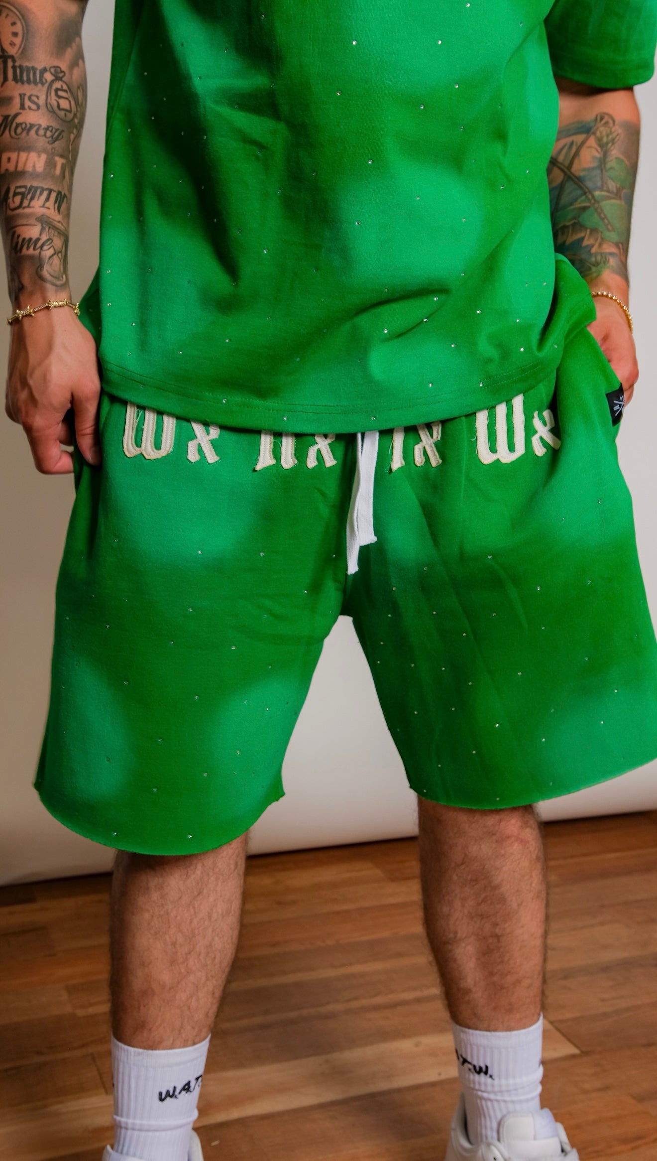 Men’s WxAxTxWx rhinestone Shorts (Green)